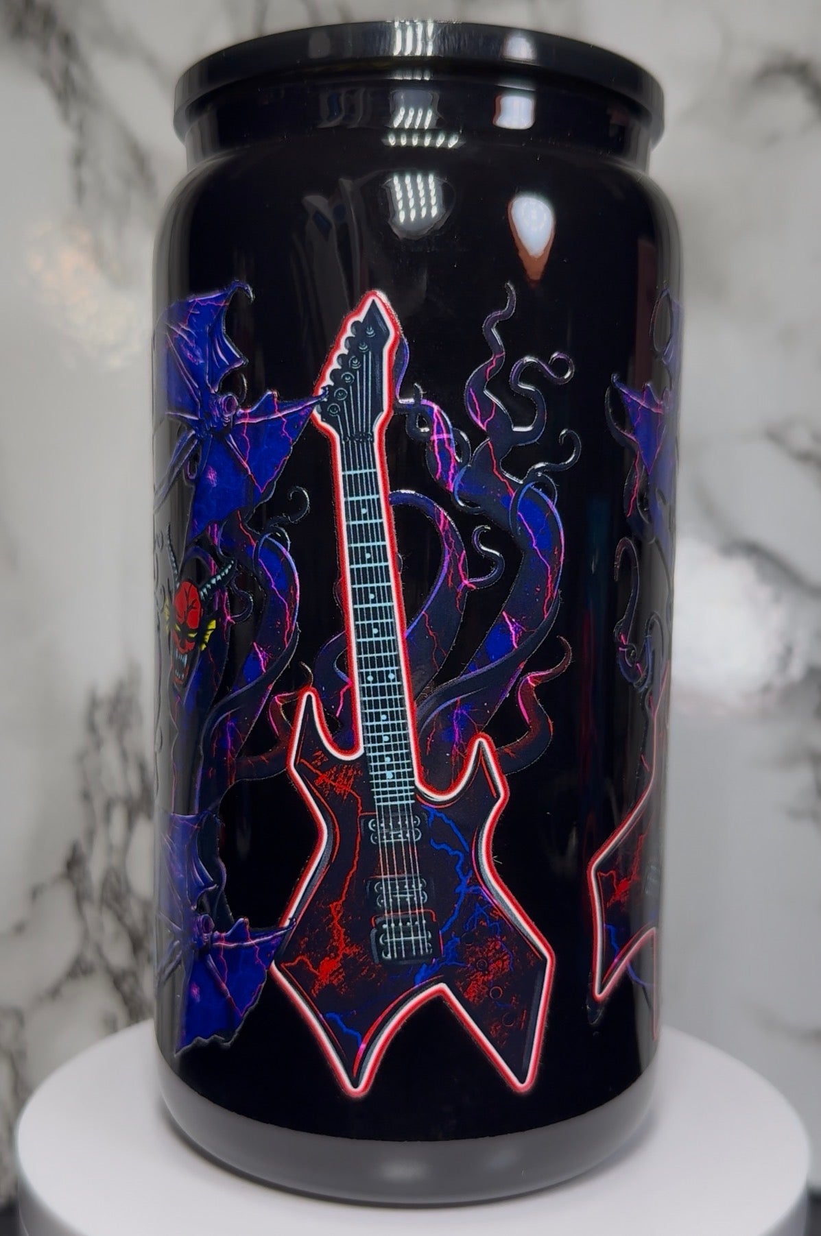 Eddie Munson UVDTF on a 16oz black beer can glass