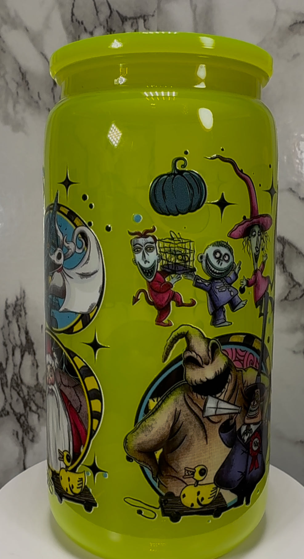 Nightmare Before Christmas UVDTF on a bright yellow PLASTIC beer can cup