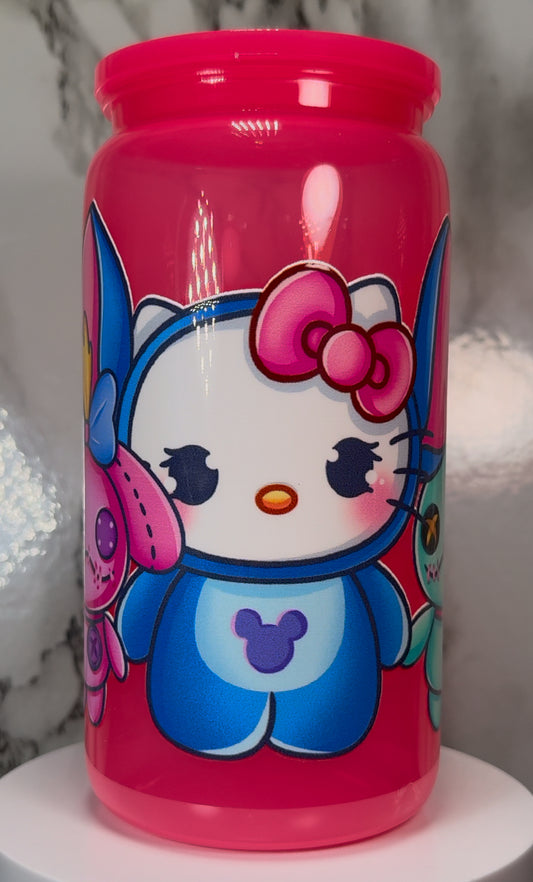 Hello Kitty-Stitch Mash Up UVDTF on a hot pink plastic beer can cup
