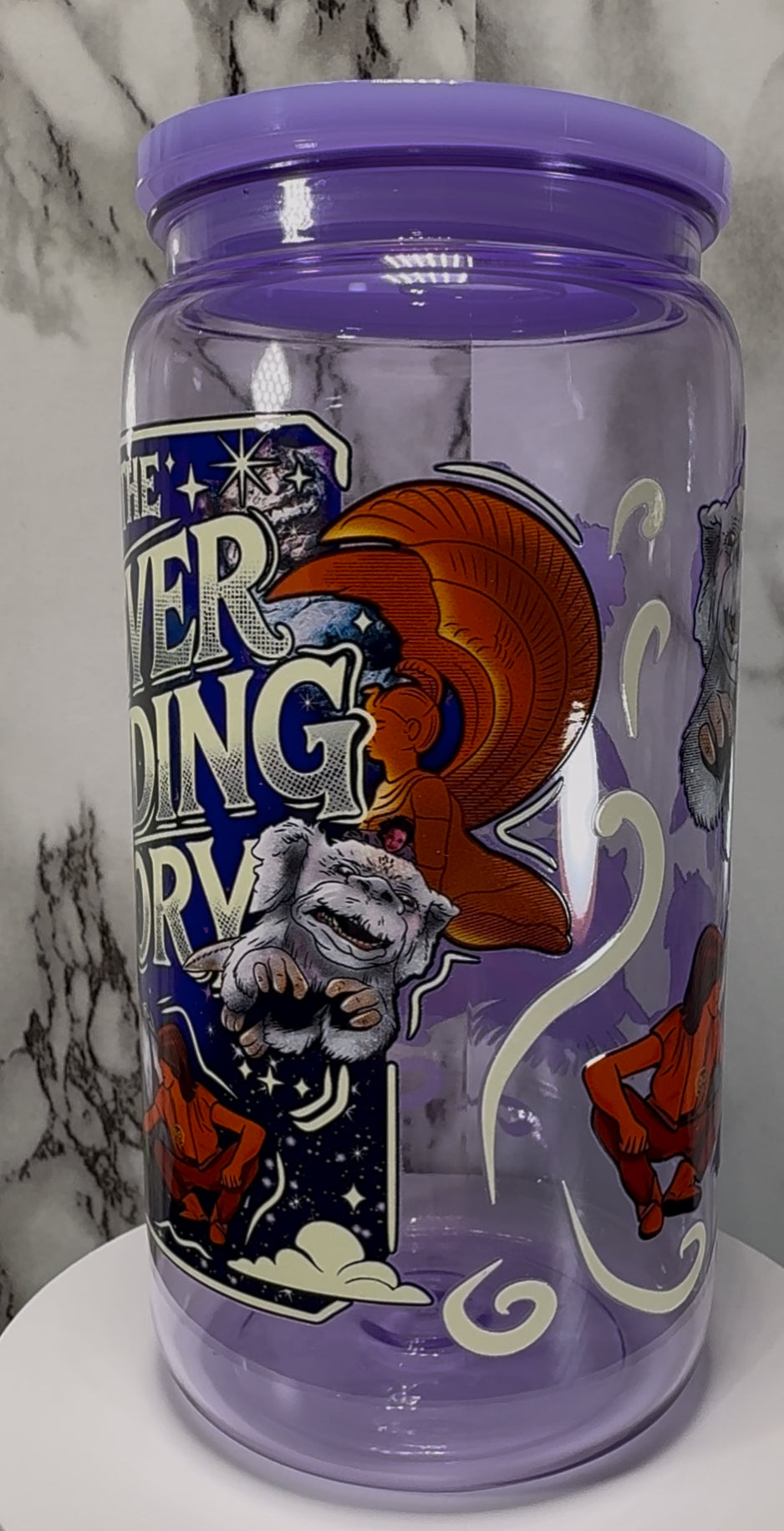 The Never Ending Story UVDTF on a purple PLASTIC beer can cup
