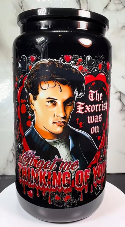 Valentine’s Day Billy Loomis UVDTF on a black beer can glass