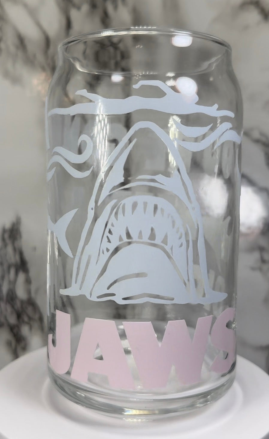 Jaws color changing blue and red color changing permanent vinyl on a libbey beer can glass