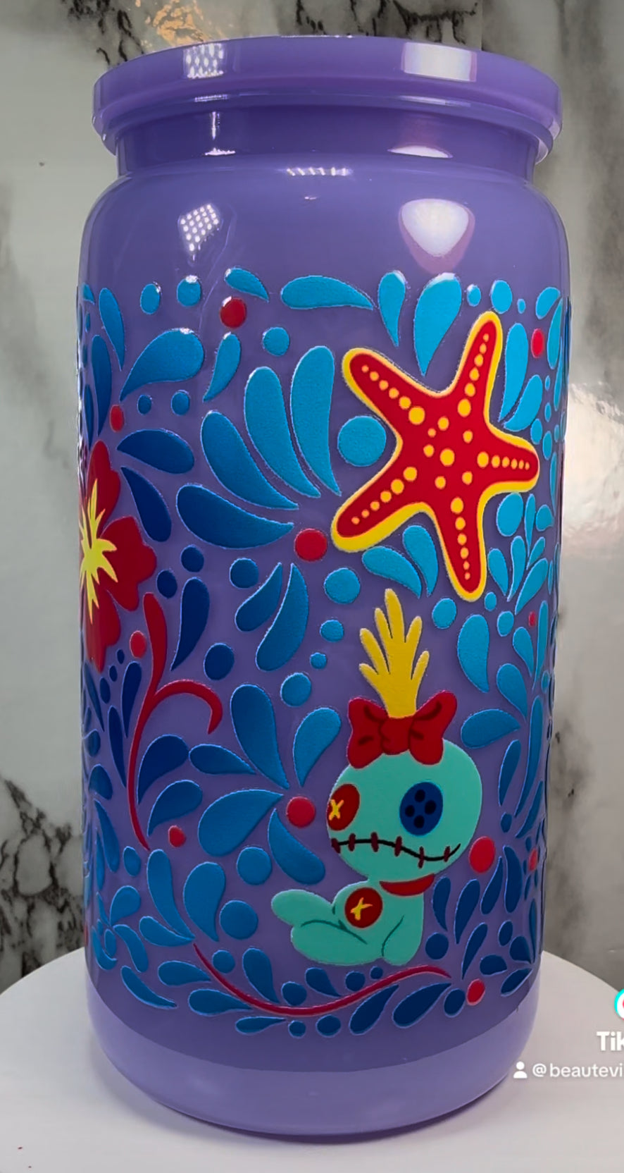 Stitch UVDTF on a PLASTIC purple beer can cup