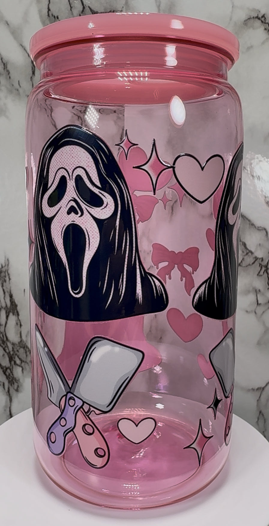 Ghostface Hearts UVDTF on a PLASTIC pink beer can cup