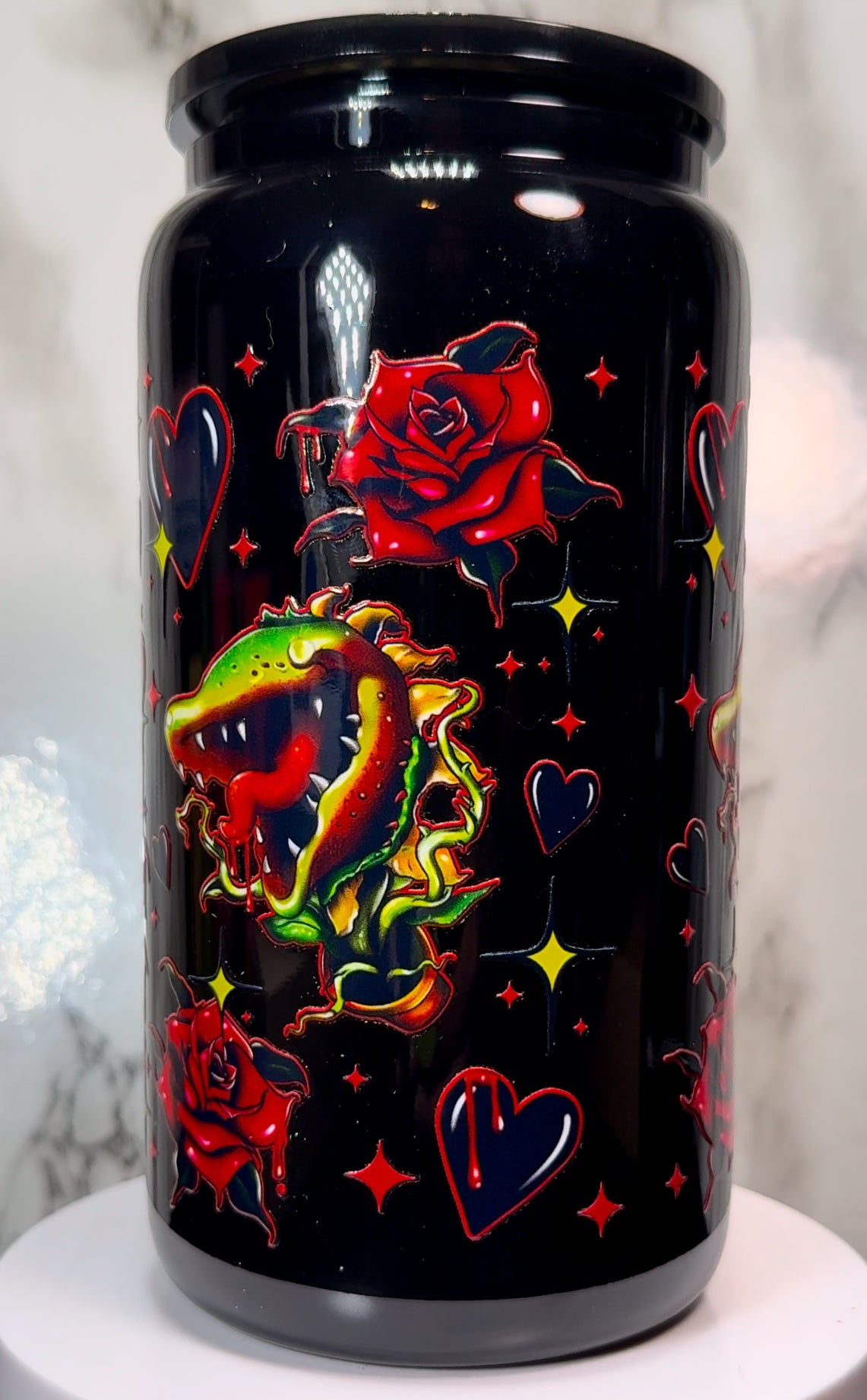 Little Shop Of Horrors Seymour Valentine’s Day UVDTF on a black beer can glass