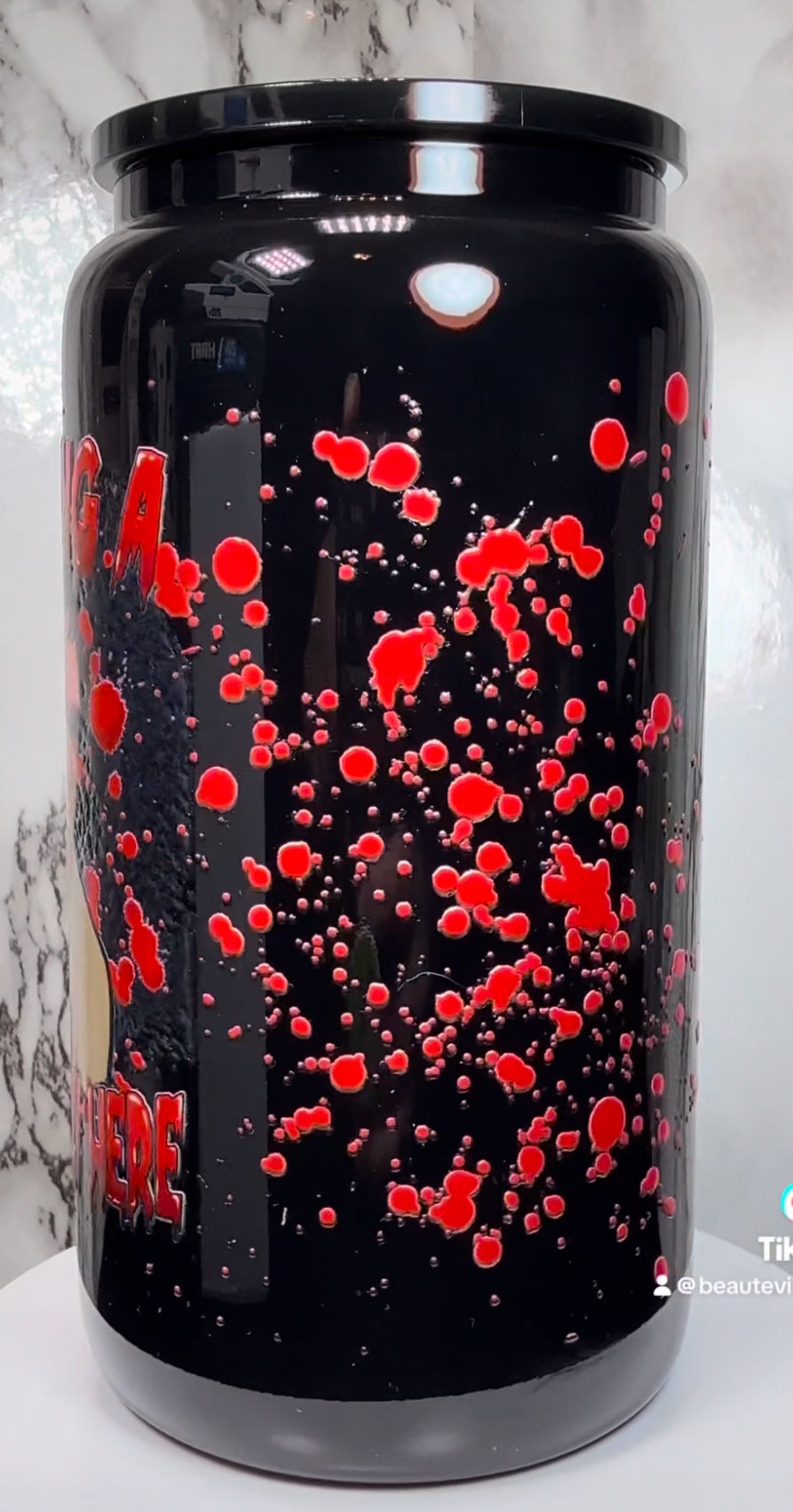 Stu Macher I’m Feeling Woozy Here UVDTF on a black beer can glass
