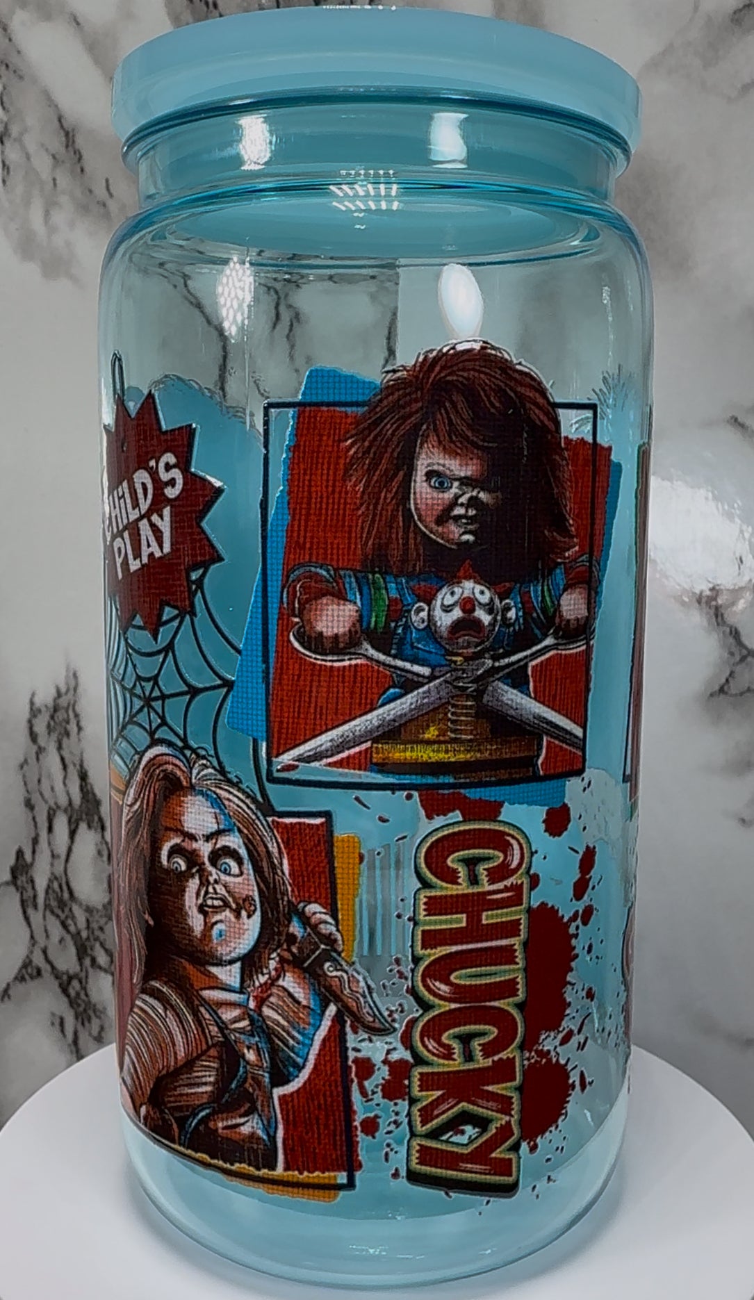 Chucky UVDTF on a blue PLASTIC beer can cup