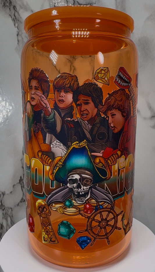 Goonies UVDTF on a orange beer can glass