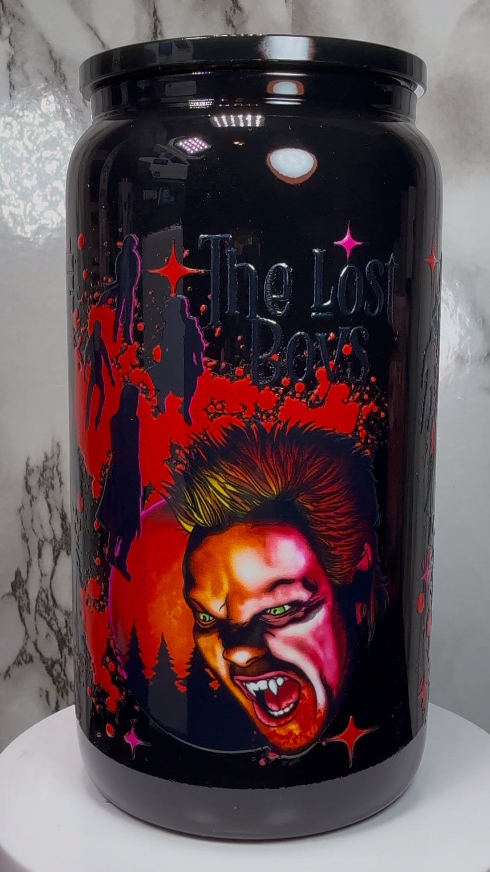 Lost Boys UVDTF on a black beer can glass