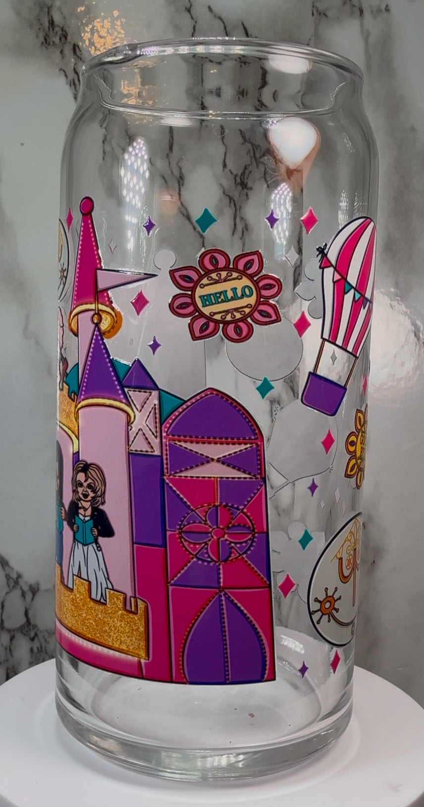 Disney Chucky & Tiffany Valentine UVDTF on a 20 ounce libbey beer can glass
