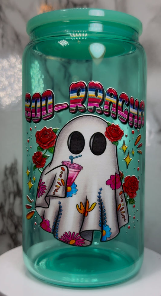 Boo-Rracha Ghost UVDTF on a teal beer can glass