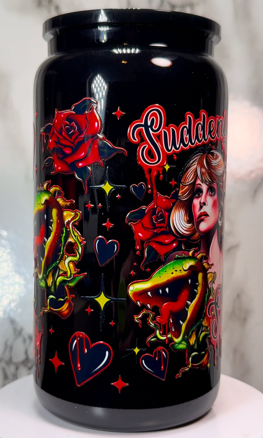 Little Shop Of Horrors Seymour Valentine’s Day UVDTF on a black beer can glass