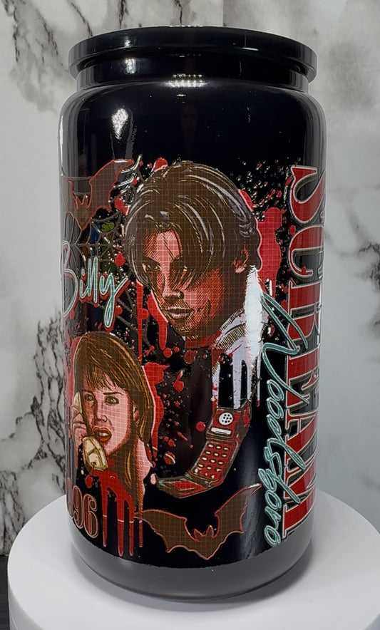Scream Movie Ghostface UVDTF on a black beer can glass