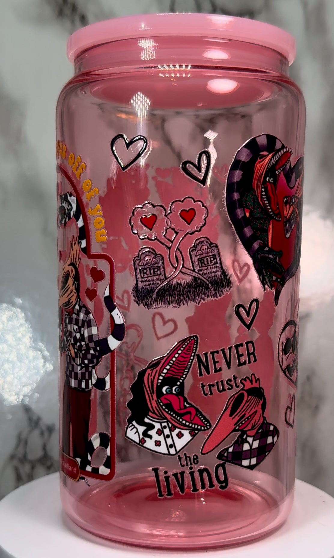 Adam & Barbara Maitland Beetlejuice Valentine’s Day UVDTF on pink beer can glass
