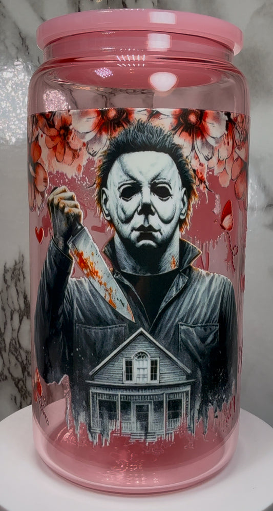 Michael Myers UVDTF on a pink beer can glass