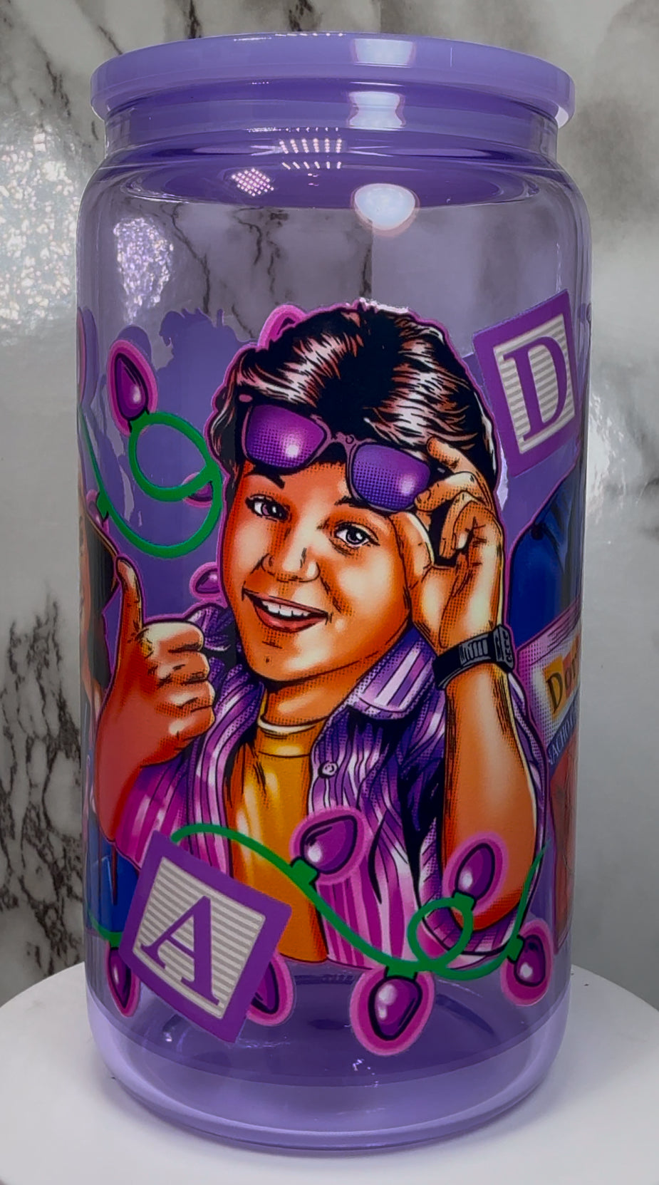 Little Monsters UVDTF on a purple beer can glass