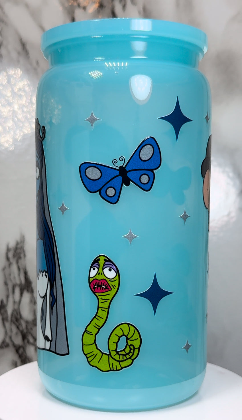 Corpse Bride UVDTF on a PLASTIC blue beer can cup