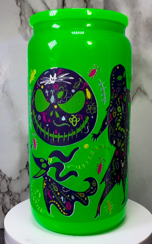 Nightmare Before Christmas UVDTF on a bright green beer can glass