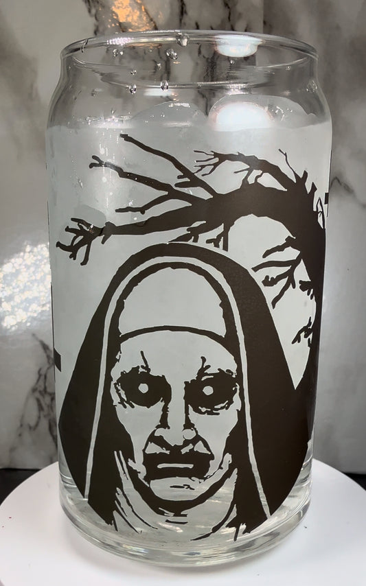 Valak The Nun color changing black permanent vinyl on a libbey beer can glass