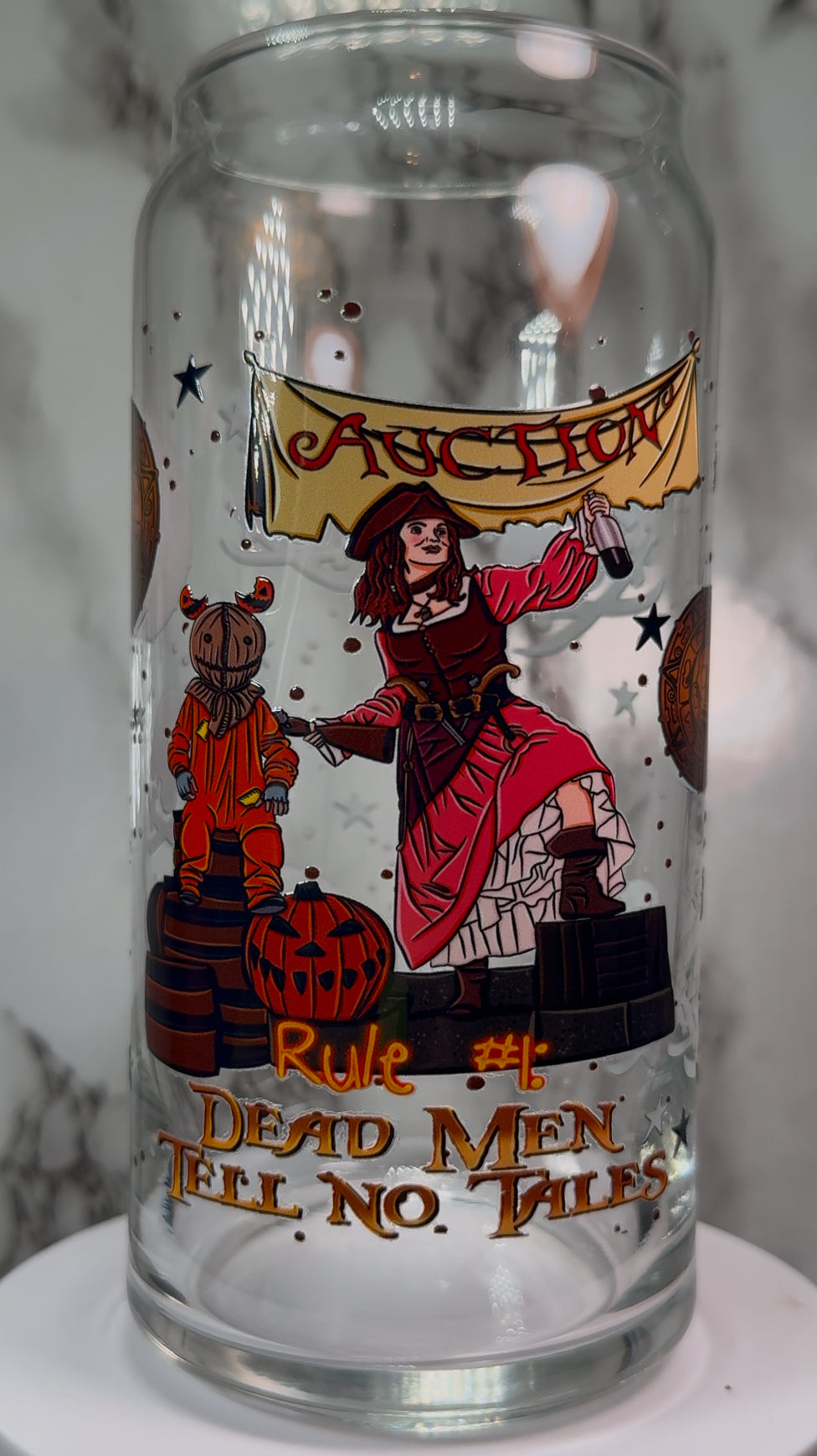 Disney Trick R Treat Sam UVDTF on a 20 ounce libbey beer can glass