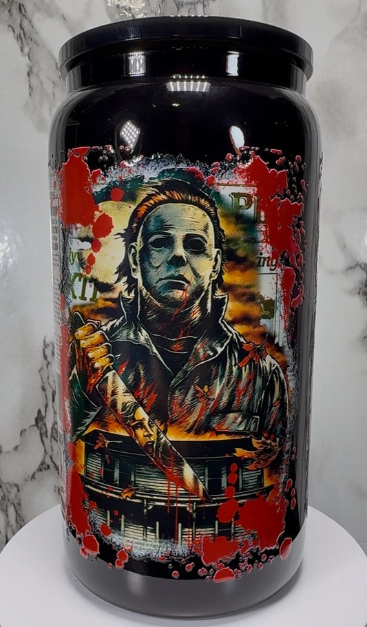 Michael Myers UVDTF on a black beer can glass