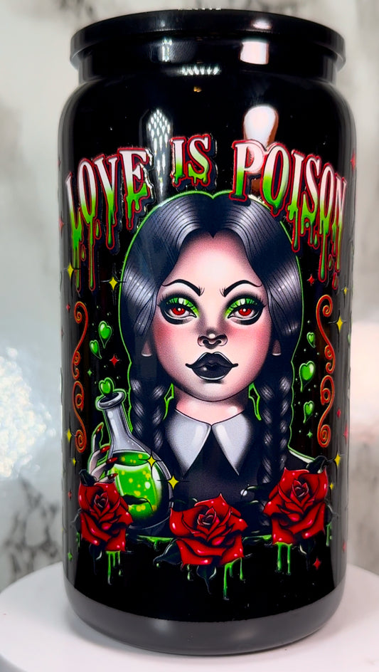Love is Poison Wednesday Addams Valentine’s Day UVDTF on black beer can glass
