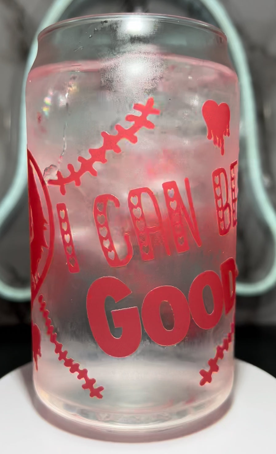 Valentine’s Day Chucky color changing permanent vinyl on a libbey beer can glass