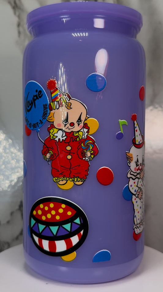 Classic Vintage Circus Clowns UVDTF on a plastic purple cup