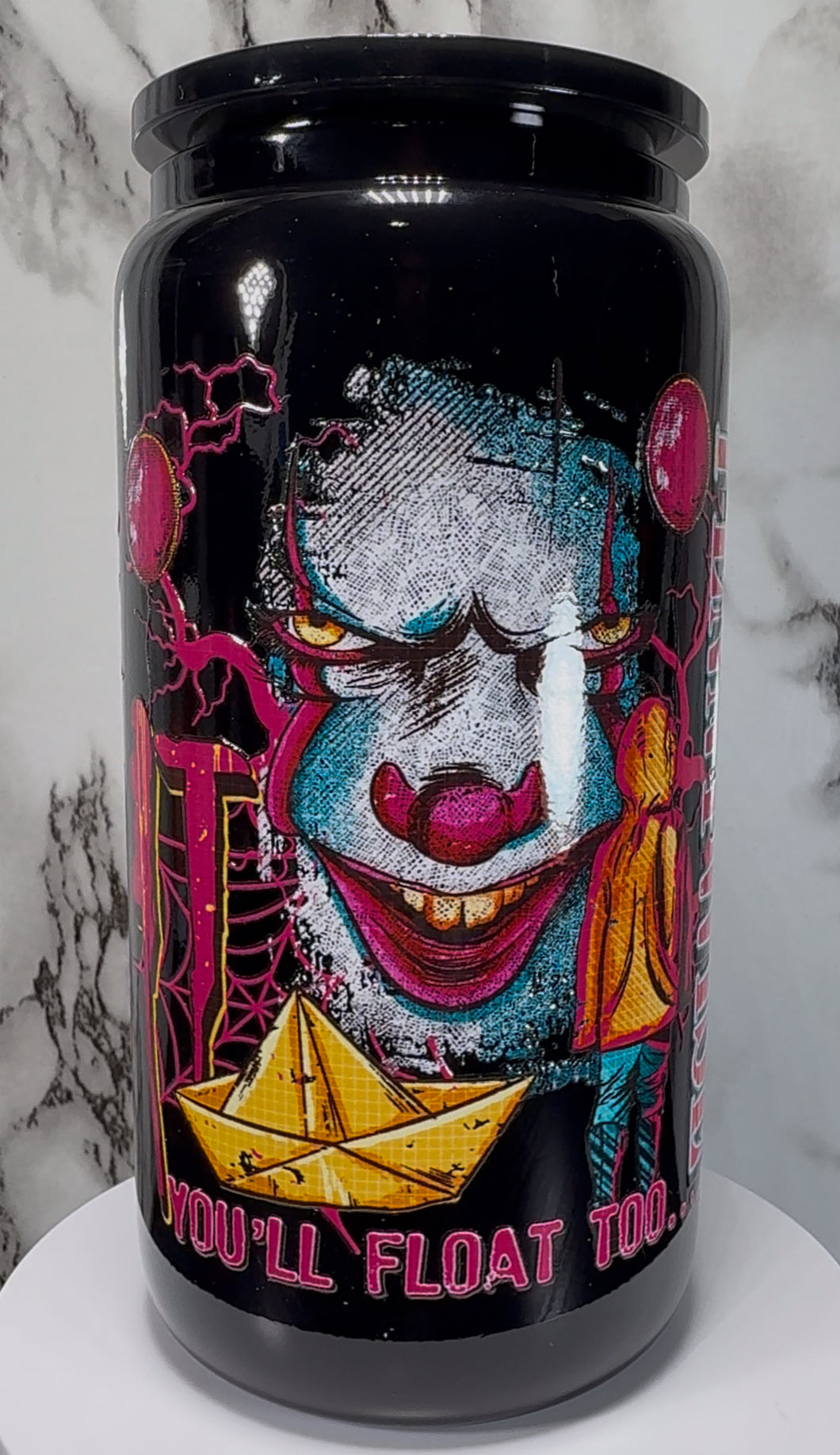 It Pennywise UVDTF on a black beer can glass