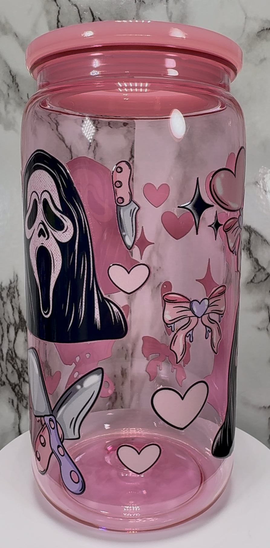 Ghostface Hearts UVDTF on a PLASTIC pink beer can cup