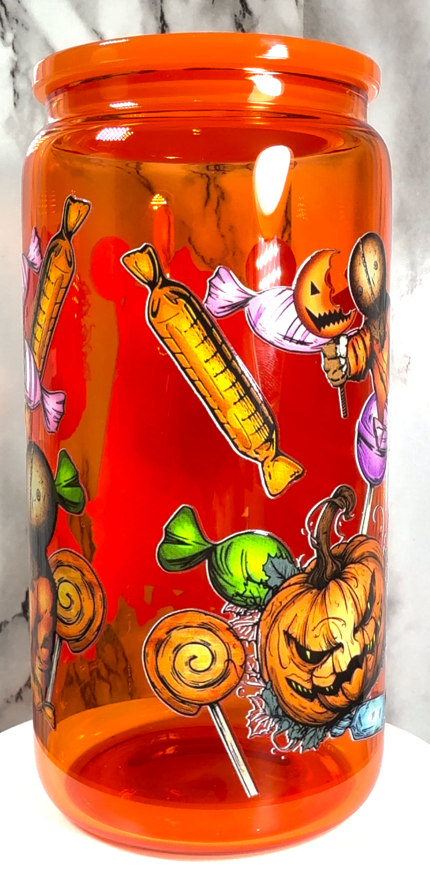 OOPSIE sale PLEASE read description!!! Trick R Treat Sam UVDTF on a orange beer can glass (Faults are in pictures)