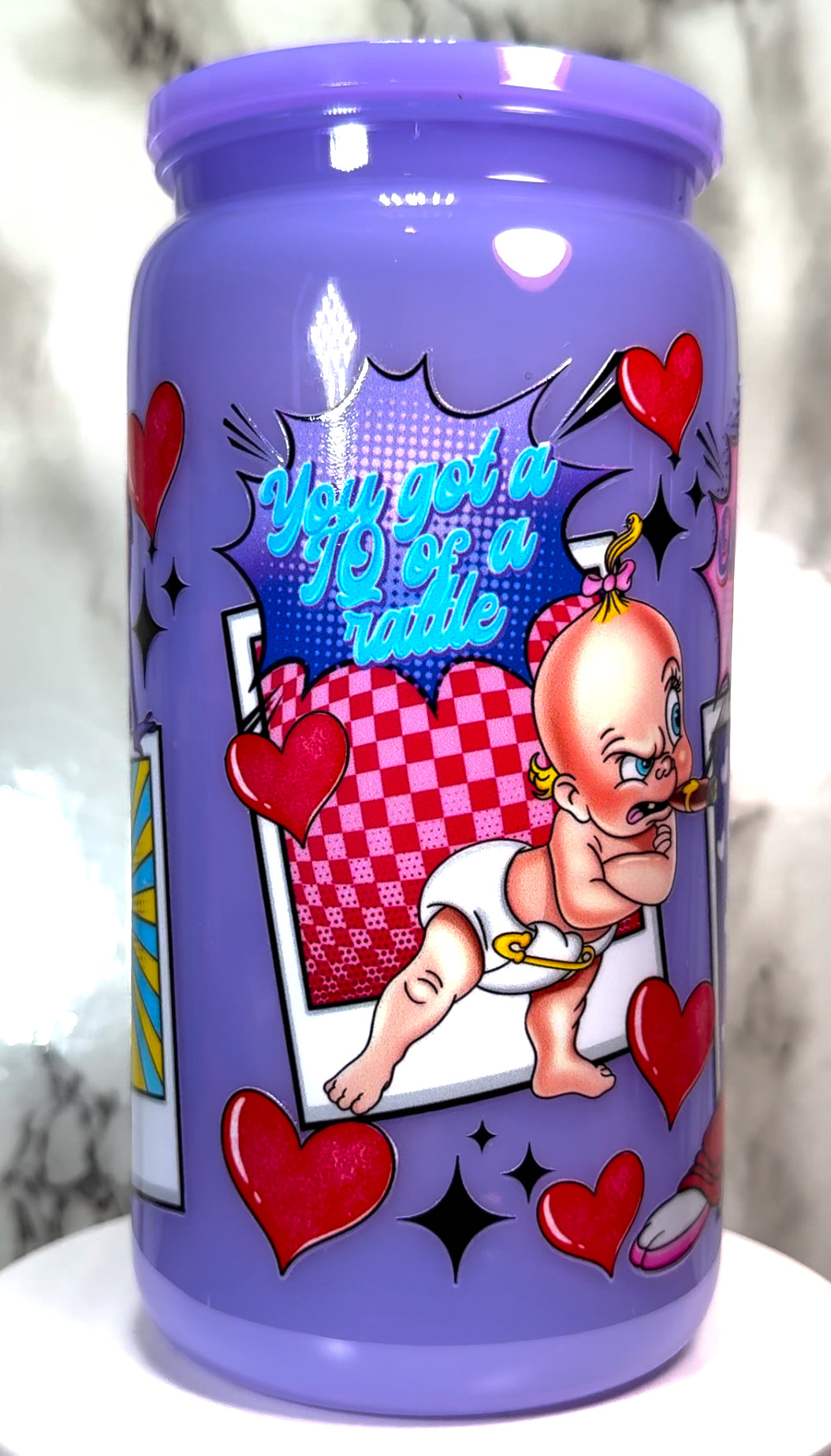 Roger Rabbit Valentine’s Day UVDTF on a plastic purple beer can cup