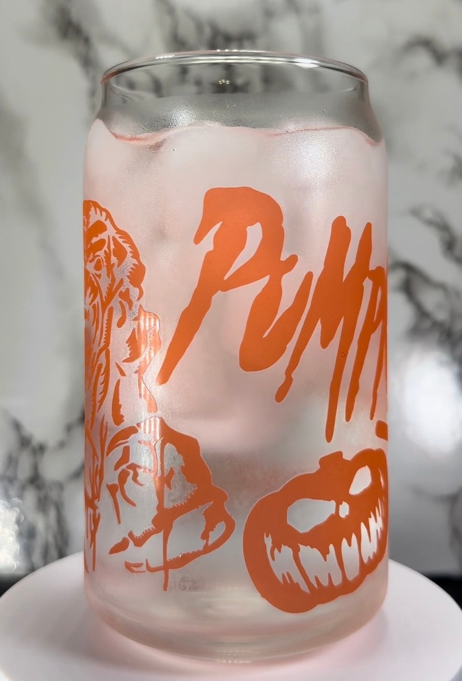 Pumpkinhead color changing orange permanent vinyl on a libbey beer can glass