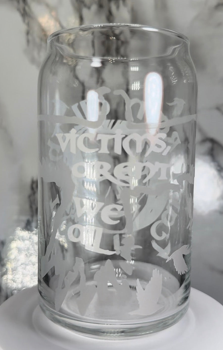 The Crow-It can’t rain all the time-Victims aren’t we all color changing permanent vinyl on a libbey beer can glass