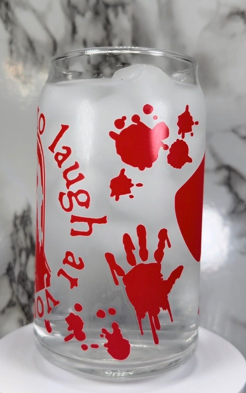 Carrie White color changing red permanent vinyl on a libbey beer can glass