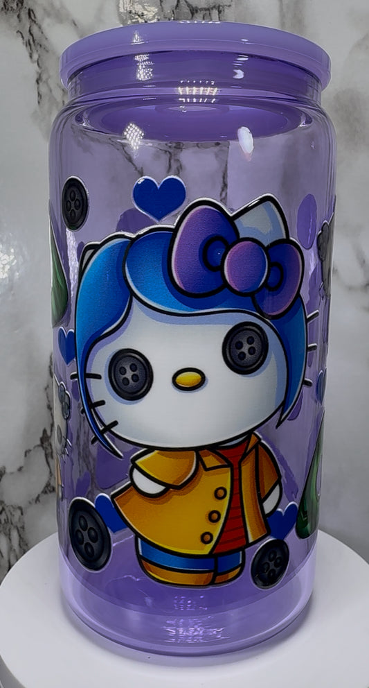 Coraline Hello Kitty UVDTF on a purple beer can glass