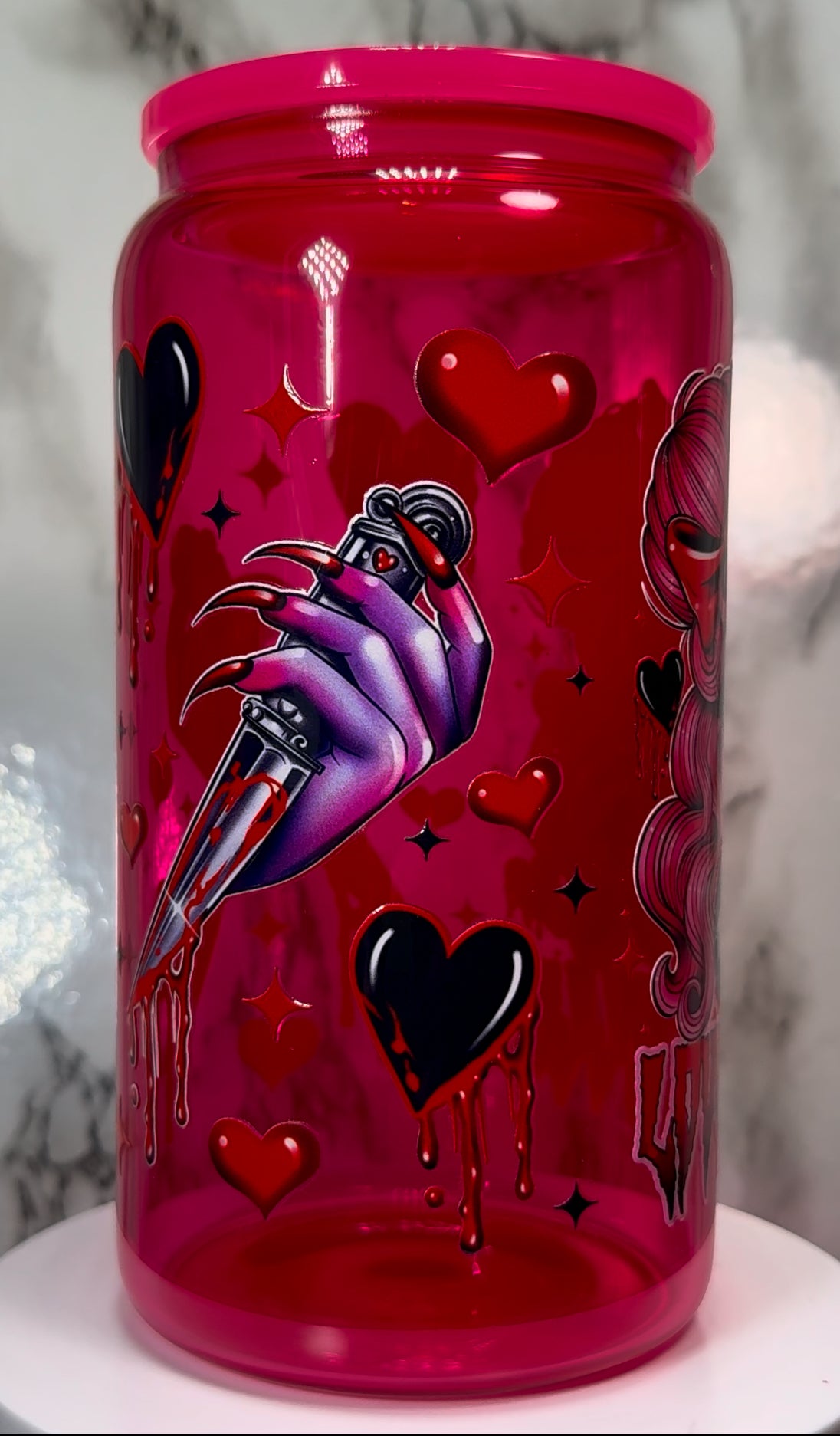 Love Kills Valentine’s Day UVDTF on a hot pink beer can glass