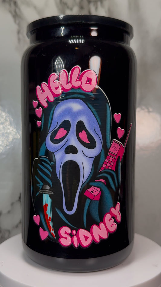 Hello Sidney Ghostface UVDTF on a black beer can glass