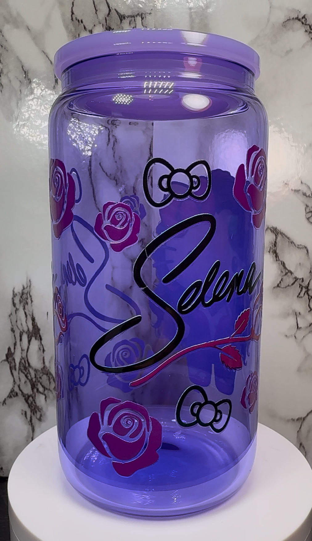 OOPSIE sale PLEASE read description!!! Hello Kitty Selena UVDTF on a purple beer can glass (Faults are in pictures)
