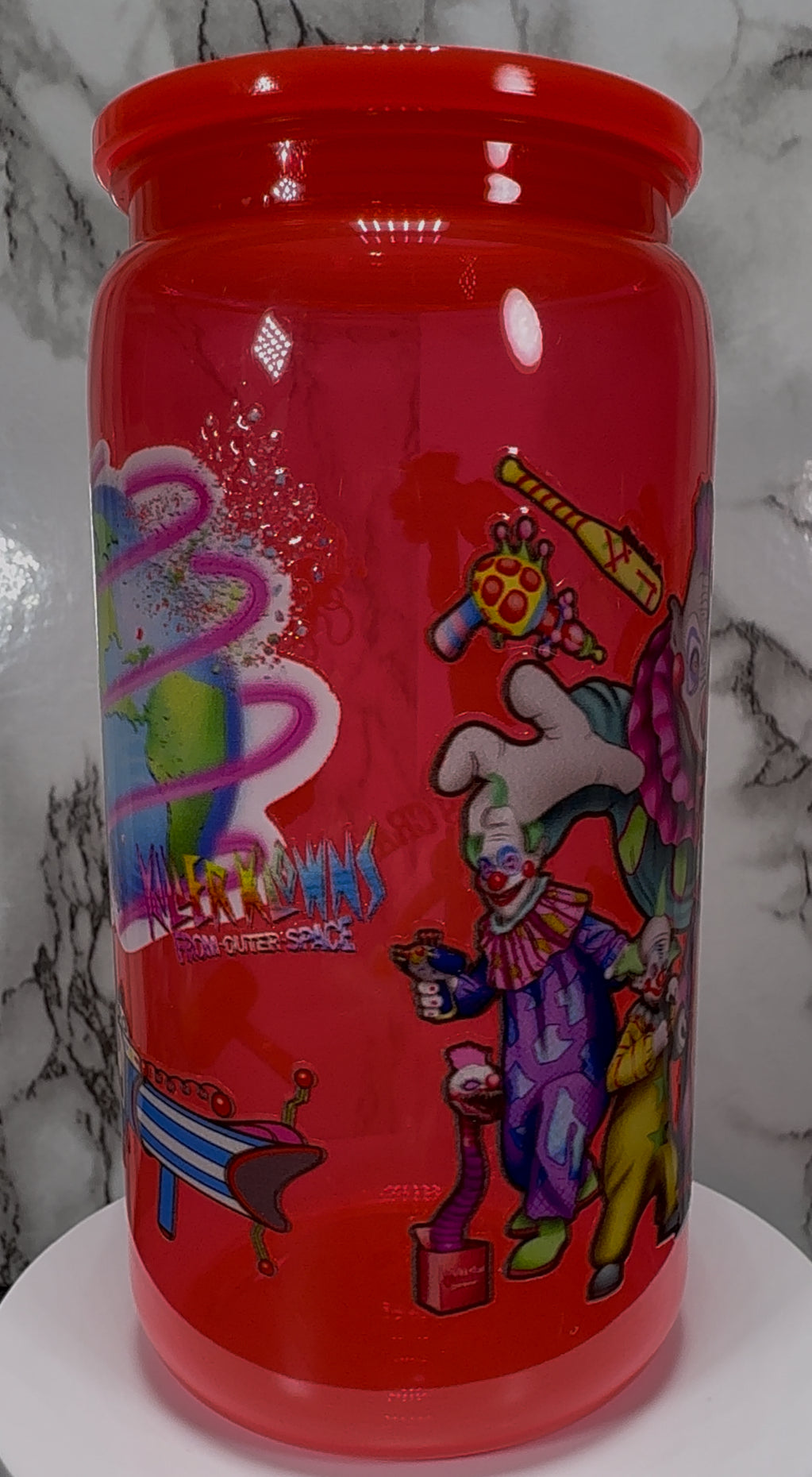 Klownzilla Killer Klowns From Outer Space UVDTF on a bright red PLASTIC beer can cup