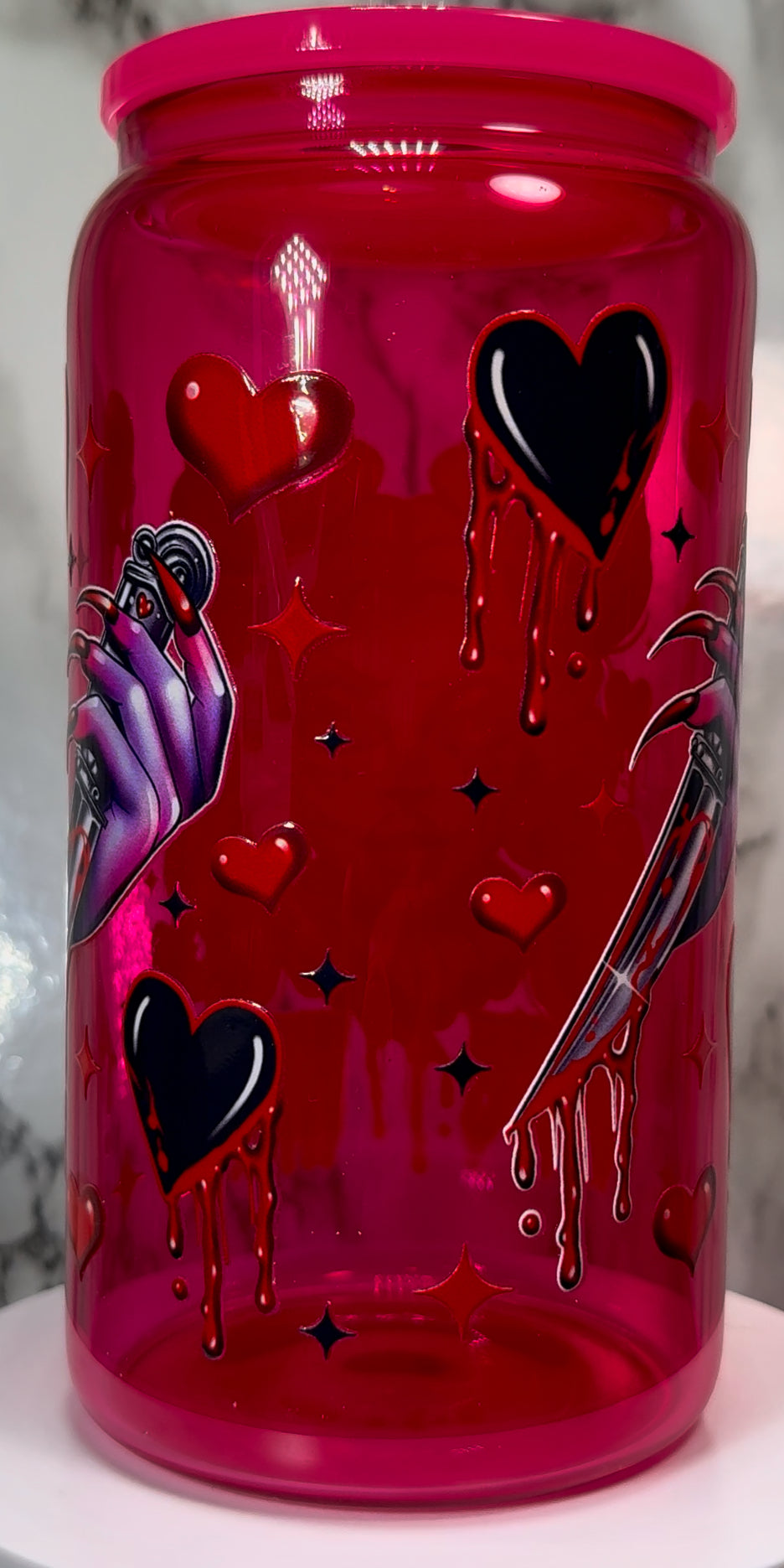 Love Kills Valentine’s Day UVDTF on a hot pink beer can glass