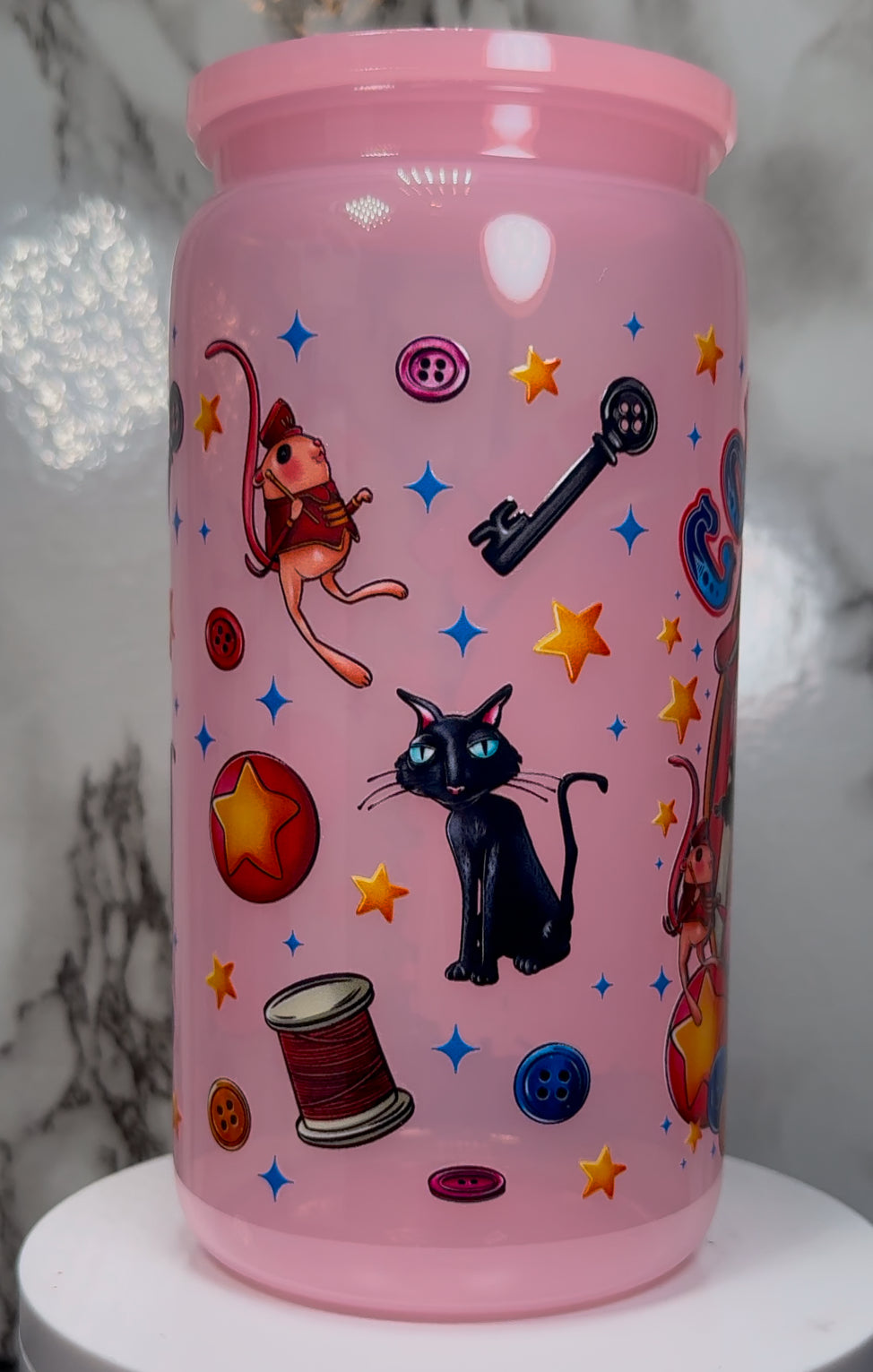 Coraline Circus UVDTF on a PLASTIC pink beer can cup
