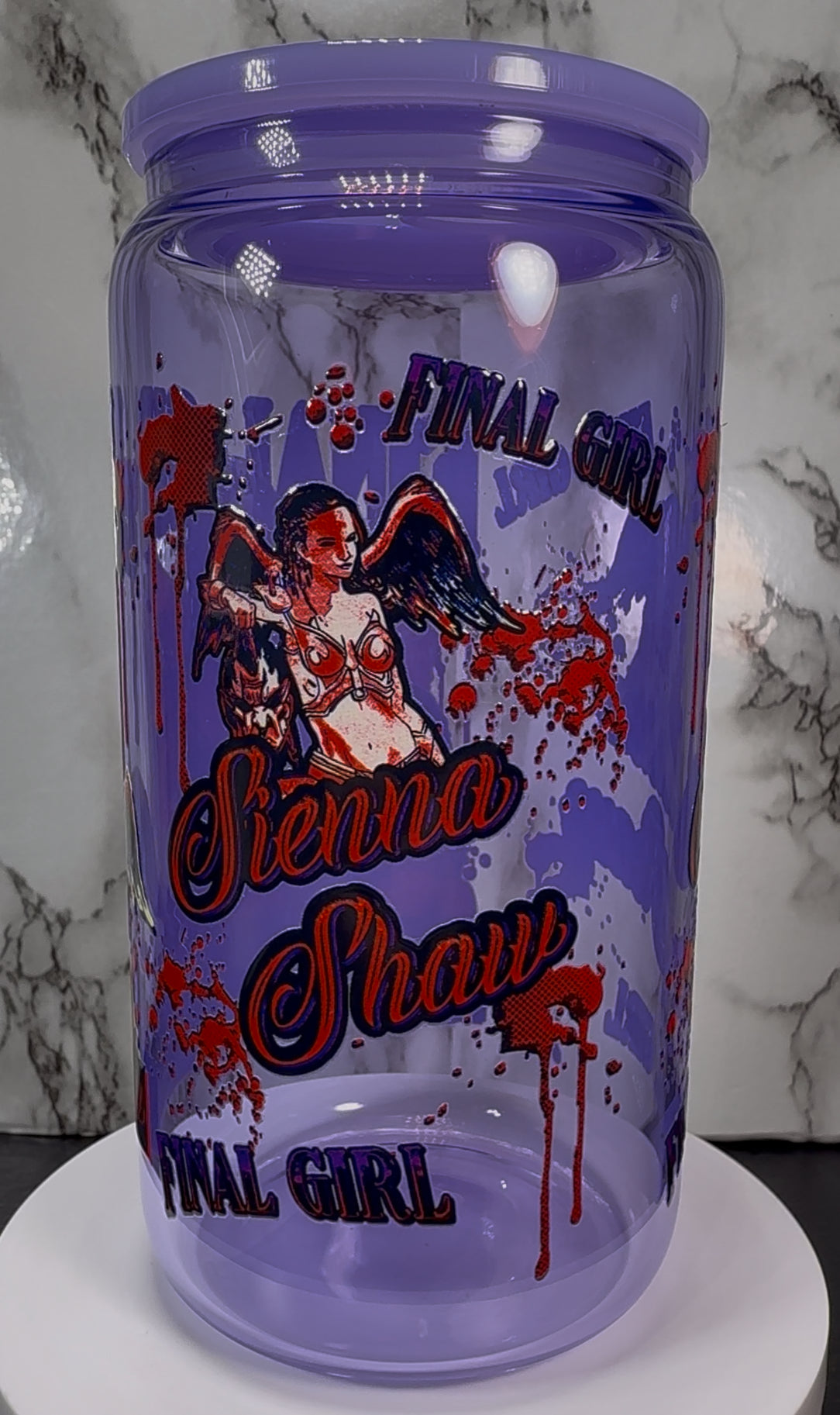 Final Girl Sienna Shaw Terrifier UVDTF on a purple beer can glass