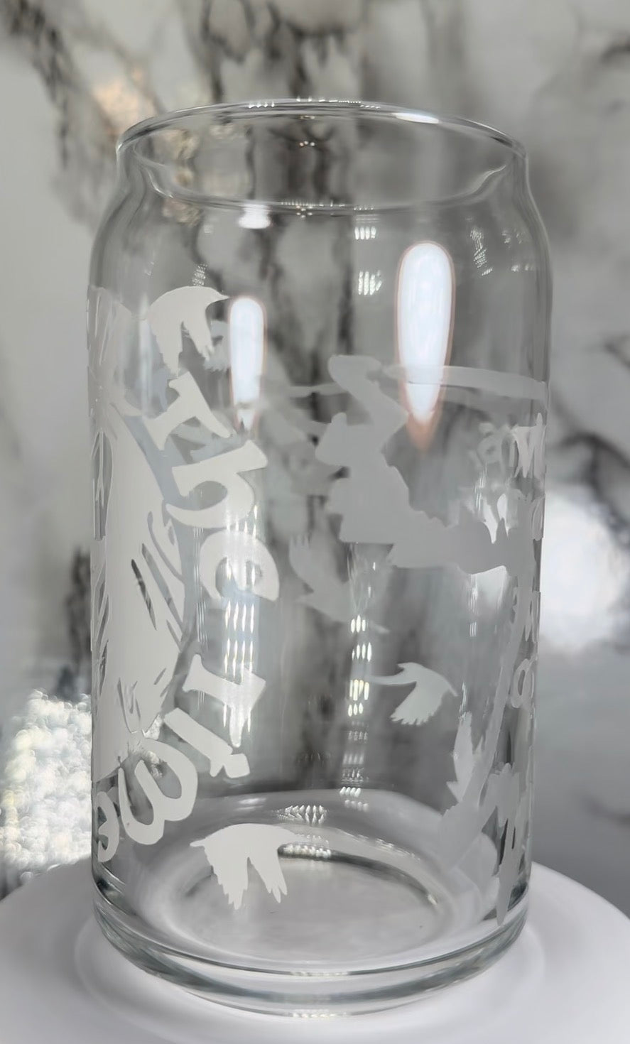 The Crow-It can’t rain all the time-Victims aren’t we all color changing permanent vinyl on a libbey beer can glass