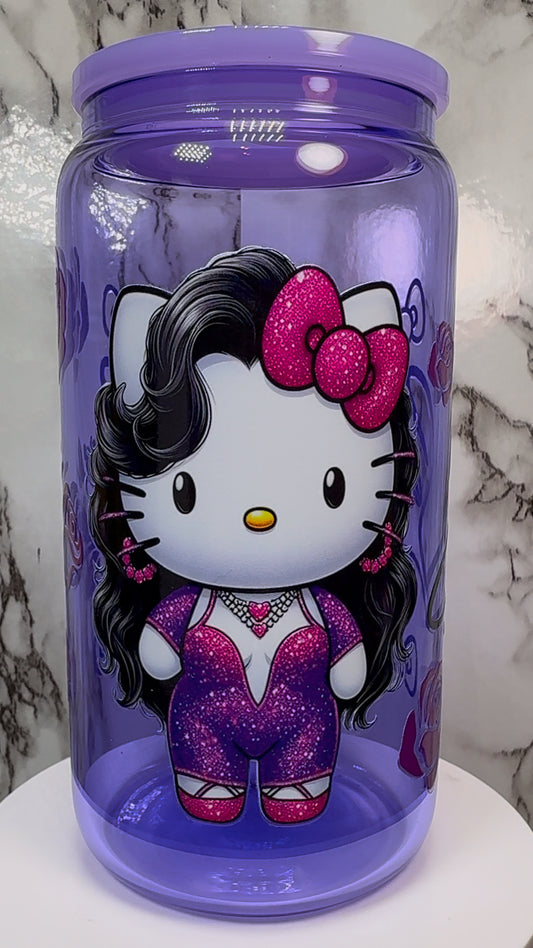 OOPSIE sale PLEASE read description!!! Hello Kitty Selena UVDTF on a purple beer can glass (Faults are in pictures)