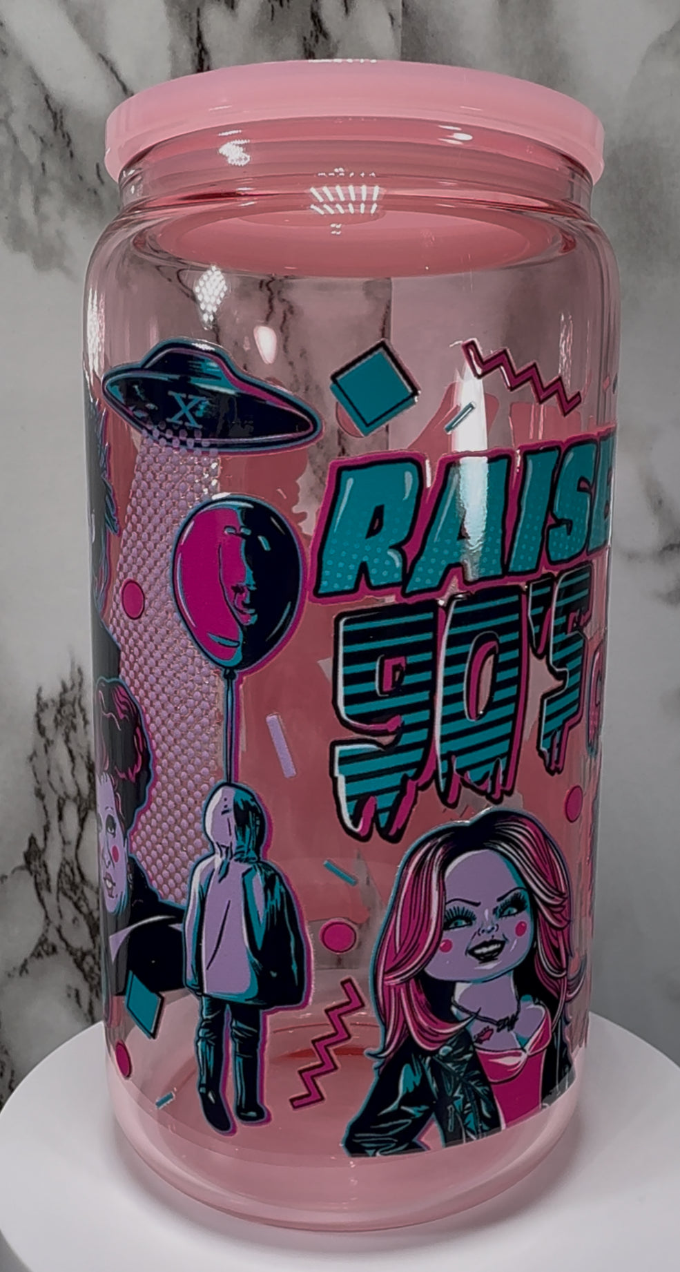Cult Classics UVDTF on a light pink beer can glass