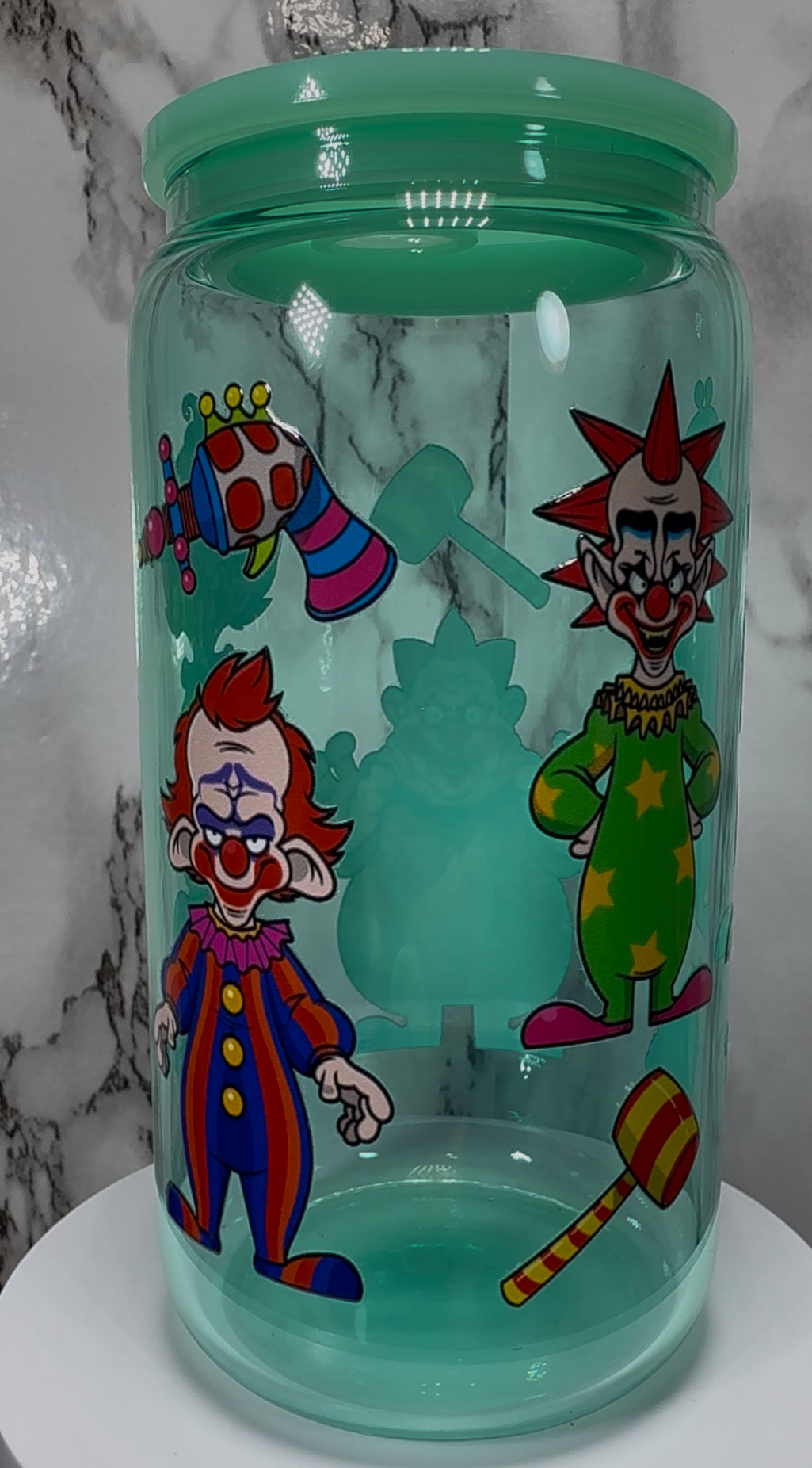 Killer Klowns from Outer Space UVDTF on a real beer can glass
