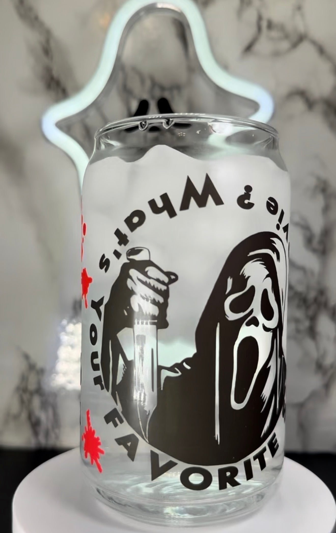 Ghostface color changing black and red permanent vinyl on libbey beer can glass