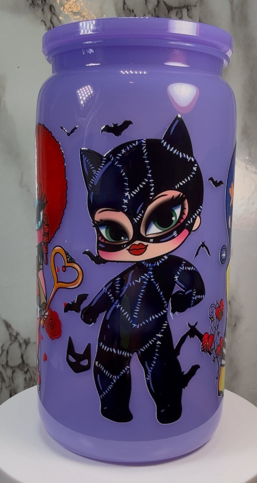 Horror Girls UVDTF on a PLASTIC purple beer can cup