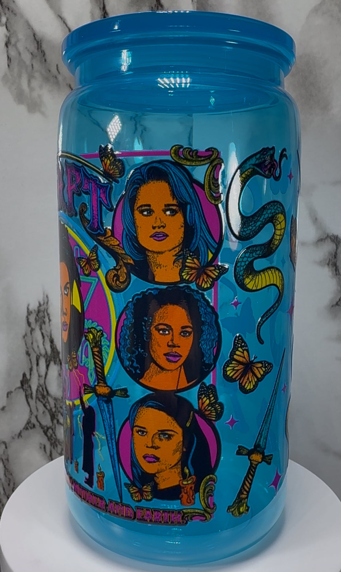 The Craft We Are The Weirdos Mister UVDTF on a bright blue PLASTIC beer can cup